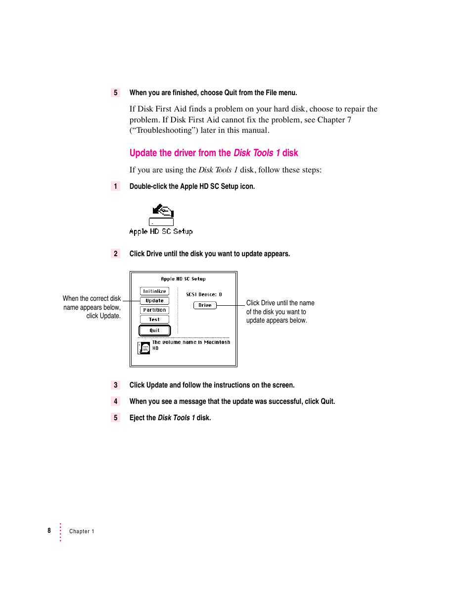 Update the driver from the disk tools 1 disk | Apple Macintosh System 7.5 User Manual | Page 16 / 126