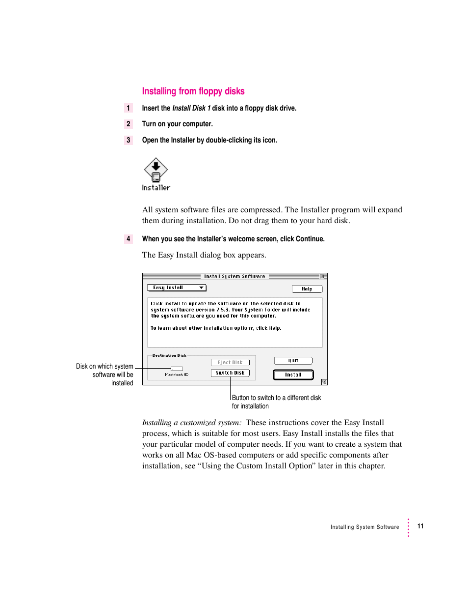 Installing from floppy disks | Apple Macintosh System 7.5 User Manual | Page 19 / 126