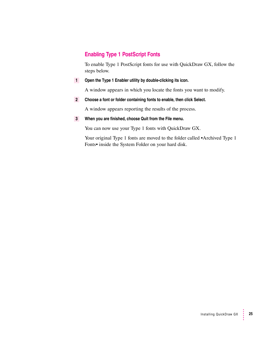 Enabling type 1 postscript fonts | Apple Macintosh System 7.5 User Manual | Page 33 / 126