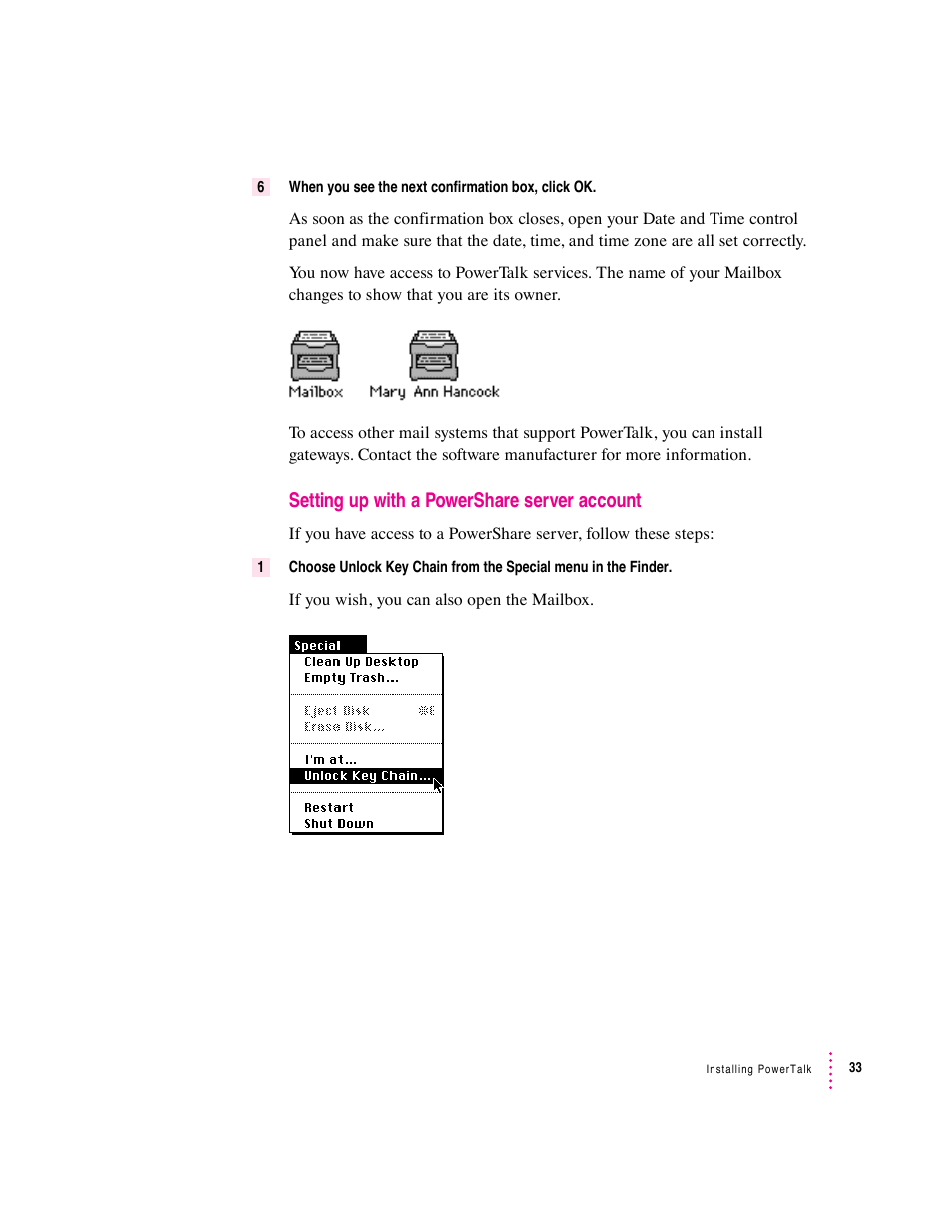 Setting up with a powershare server account | Apple Macintosh System 7.5 User Manual | Page 41 / 126