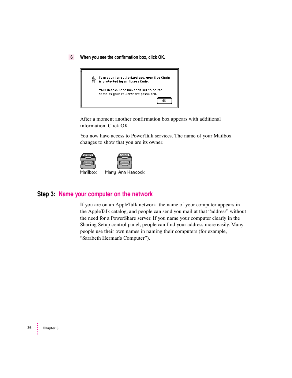 Step 3: name your computer on the network | Apple Macintosh System 7.5 User Manual | Page 44 / 126