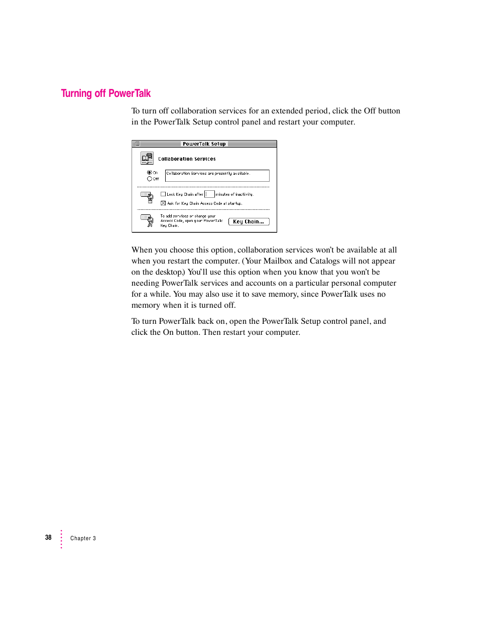 Turning off powertalk | Apple Macintosh System 7.5 User Manual | Page 46 / 126