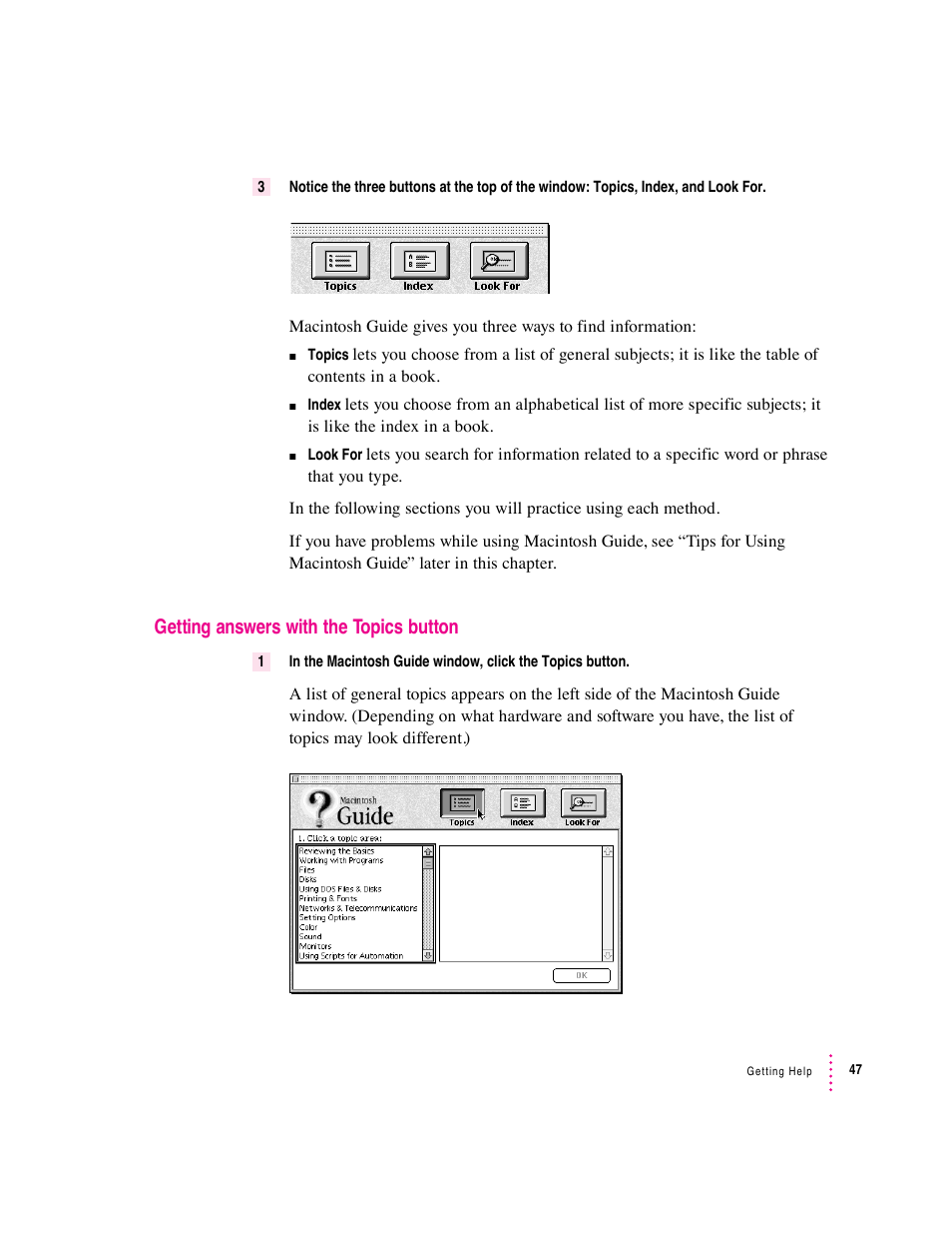 Getting answers with the topics button | Apple Macintosh System 7.5 User Manual | Page 55 / 126