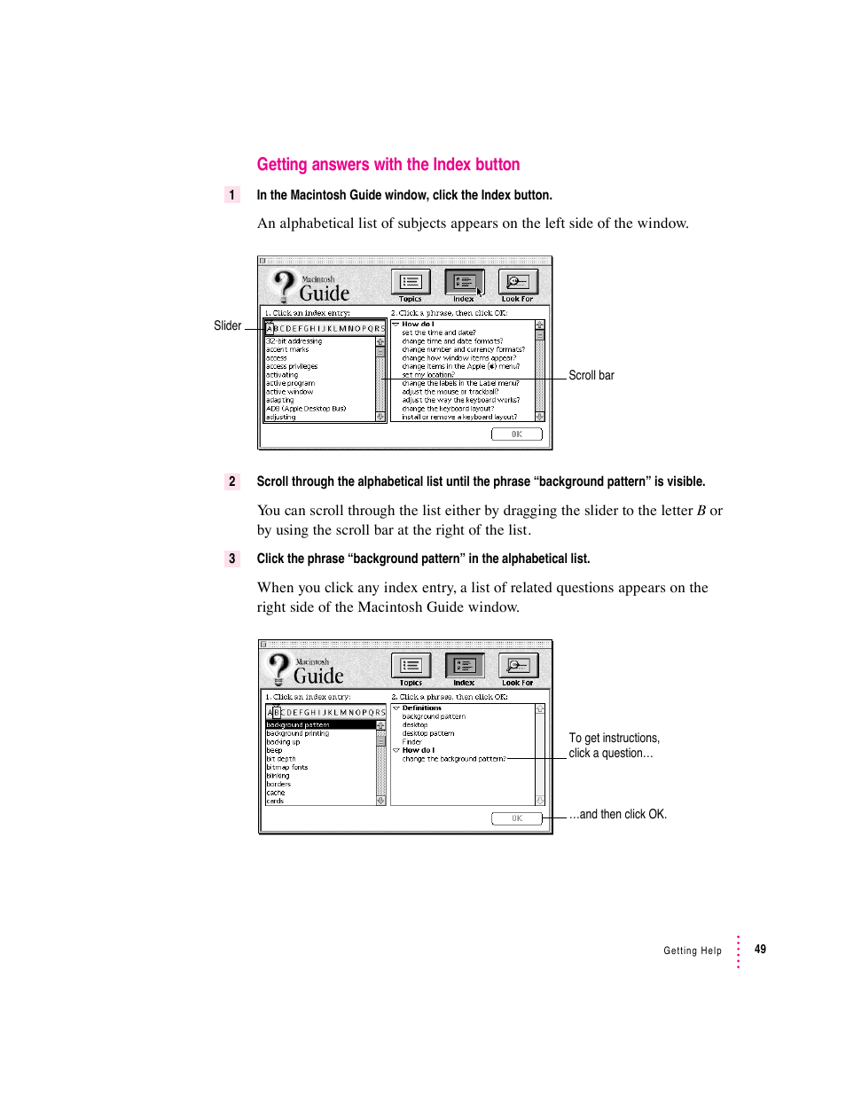 Getting answers with the index button | Apple Macintosh System 7.5 User Manual | Page 57 / 126