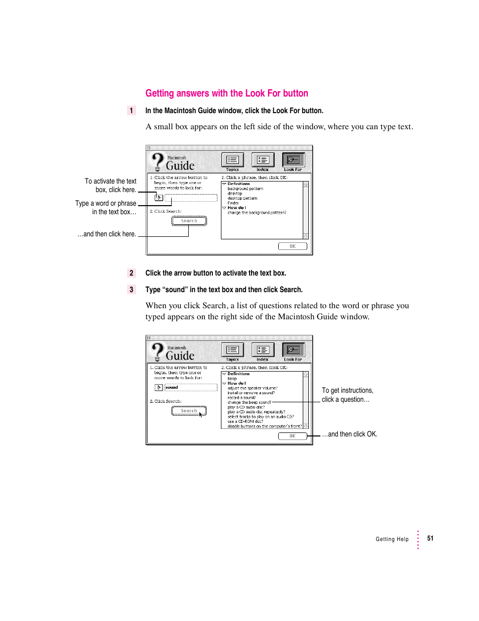 Getting answers with the look for button | Apple Macintosh System 7.5 User Manual | Page 59 / 126