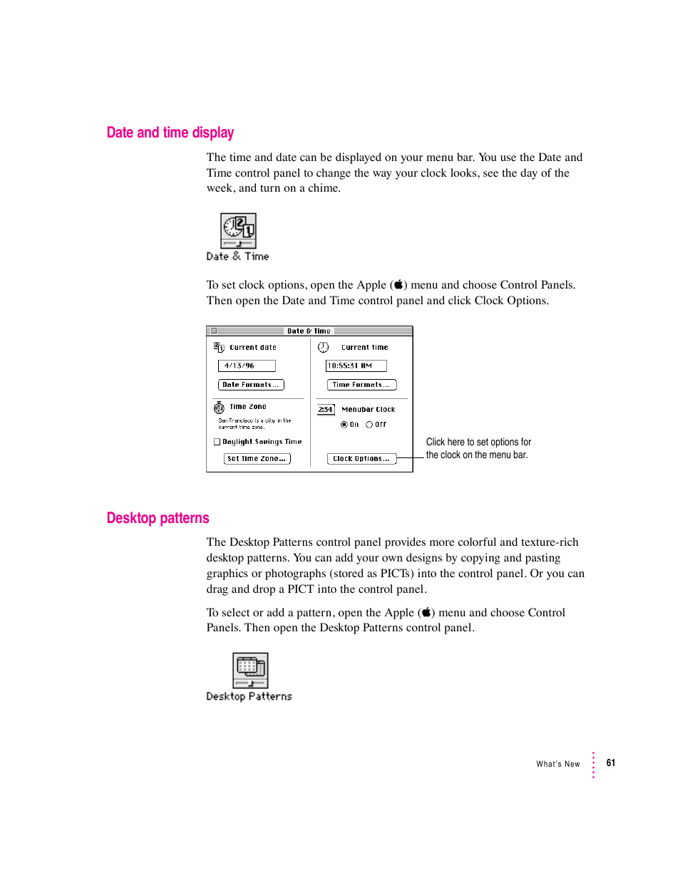 Date and time display, Desktop patterns | Apple Macintosh System 7.5 User Manual | Page 69 / 126