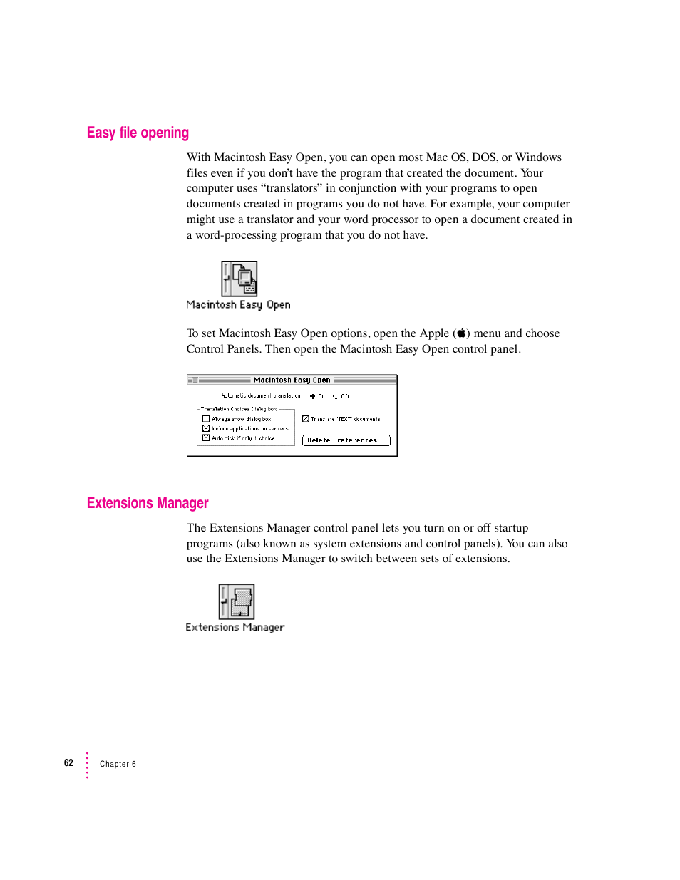 Easy file opening, Extensions manager | Apple Macintosh System 7.5 User Manual | Page 70 / 126