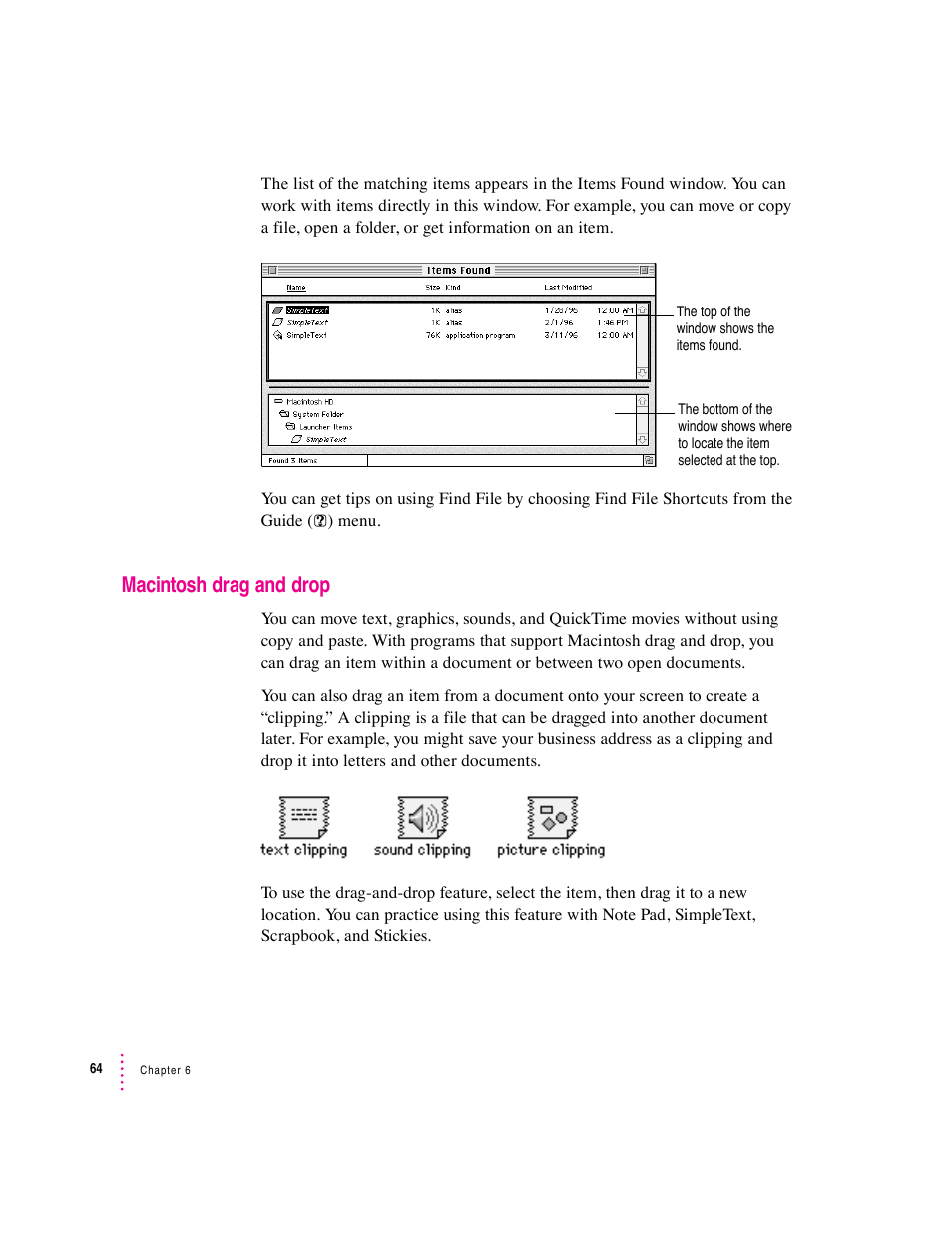 Macintosh drag and drop | Apple Macintosh System 7.5 User Manual | Page 72 / 126