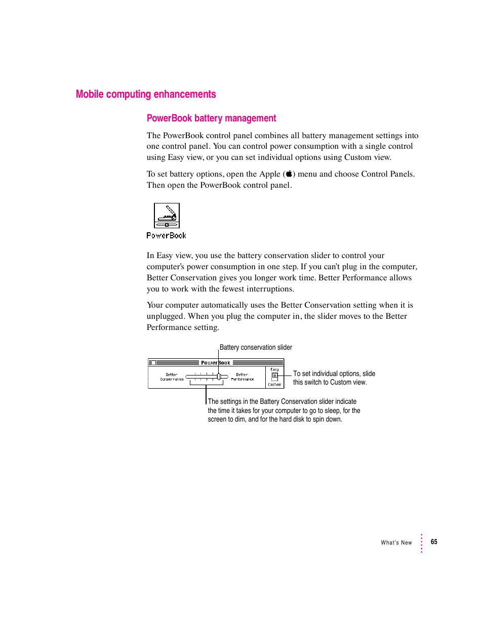 Mobile computing enhancements, Powerbook battery management | Apple Macintosh System 7.5 User Manual | Page 73 / 126