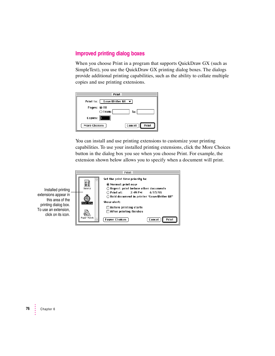 Improved printing dialog boxes | Apple Macintosh System 7.5 User Manual | Page 84 / 126