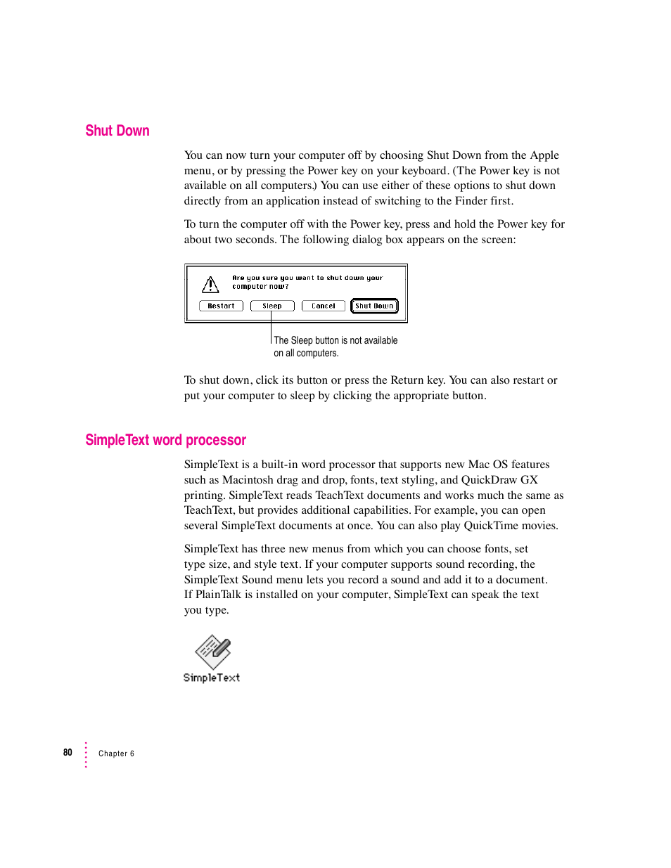 Shut down, Simpletext word processor | Apple Macintosh System 7.5 User Manual | Page 88 / 126