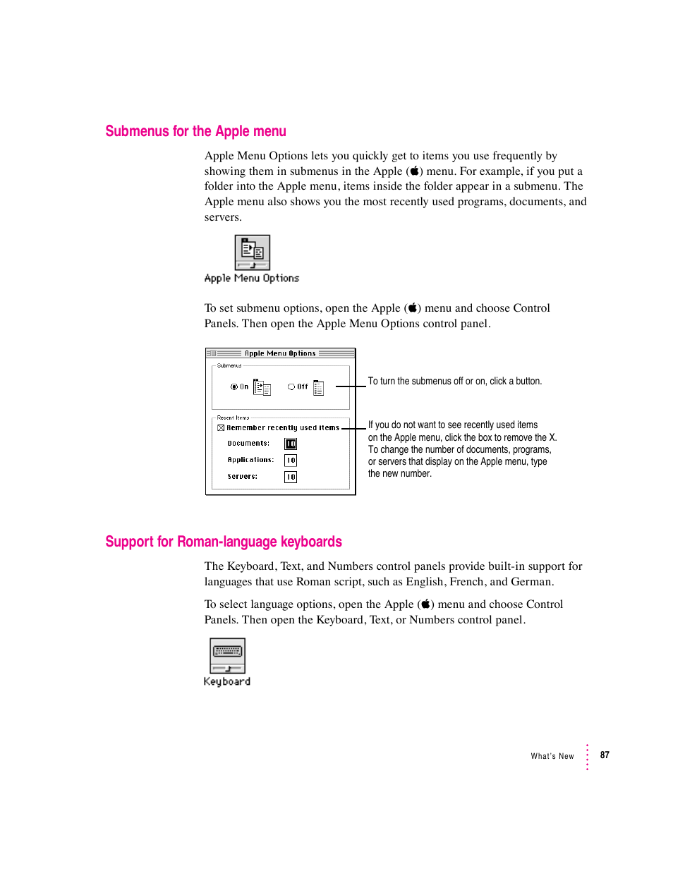 Submenus for the apple menu, Support for roman-language keyboards | Apple Macintosh System 7.5 User Manual | Page 95 / 126