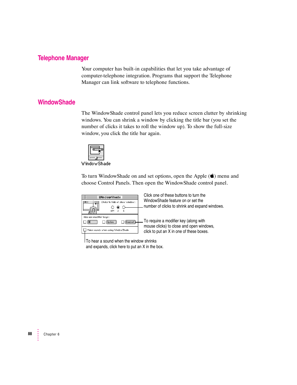 Telephone manager, Windowshade | Apple Macintosh System 7.5 User Manual | Page 96 / 126