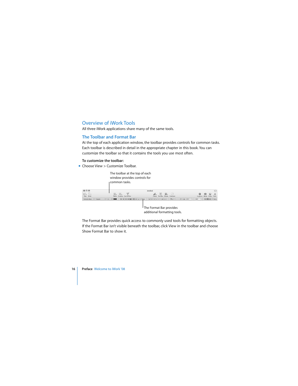 Overview of iwork tools, The toolbar and format bar | Apple iWork '08 User Manual | Page 16 / 132