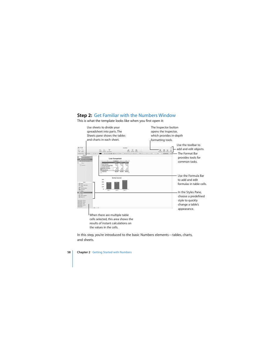 Step 2:get familiar with the numbers window, Step 2: get familiar with the numbers window | Apple iWork '08 User Manual | Page 58 / 132