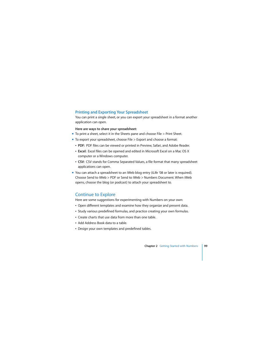Printing and exporting your spreadsheet, Continue to explore | Apple iWork '08 User Manual | Page 99 / 132