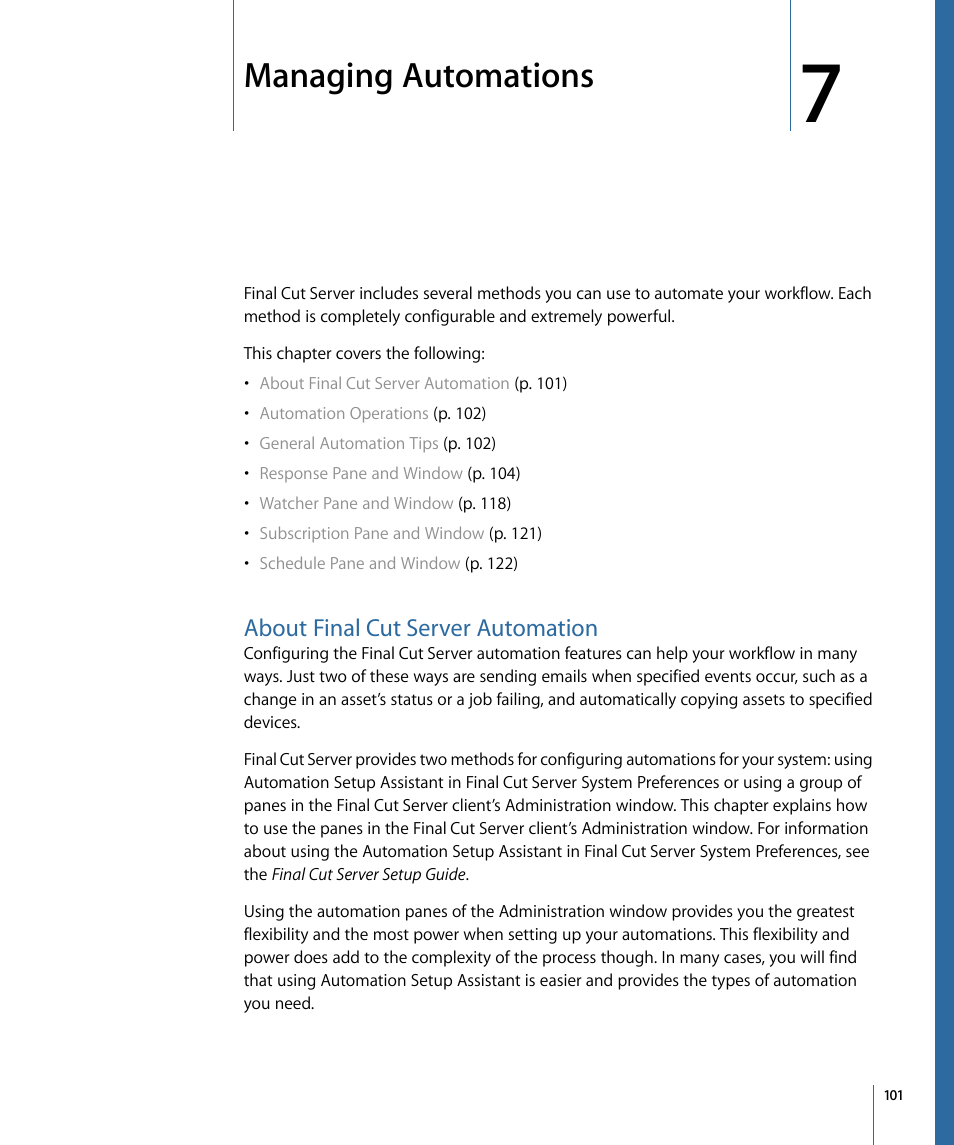 Managing automations, About final cut server automation, Managing | Automations | Apple Final Cut Server 1.5 User Manual | Page 101 / 140