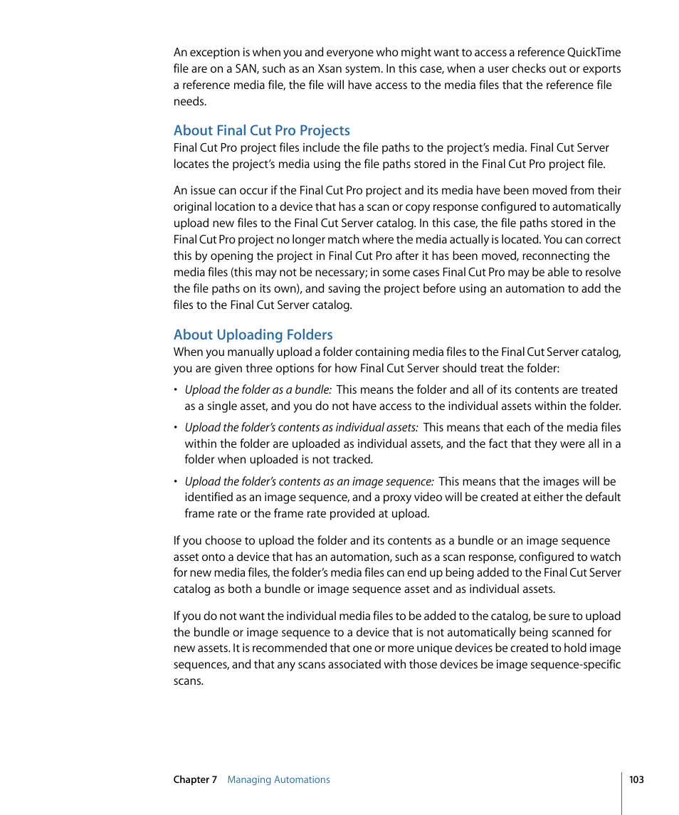 About final cut pro projects, About uploading folders | Apple Final Cut Server 1.5 User Manual | Page 103 / 140