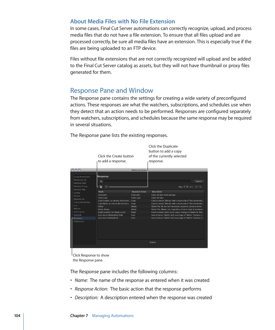 About media files with no file extension, Response pane and window | Apple Final Cut Server 1.5 User Manual | Page 104 / 140