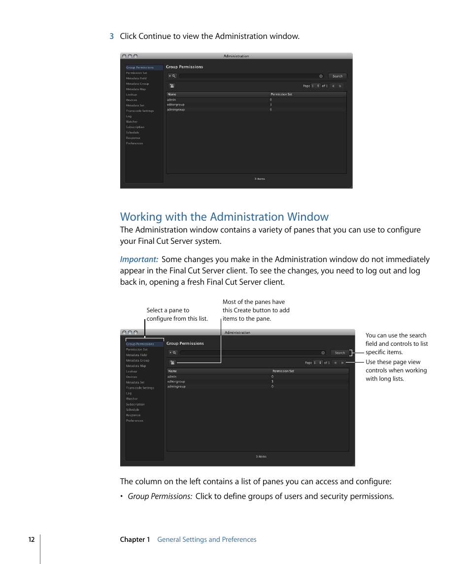 Working with the administration window | Apple Final Cut Server 1.5 User Manual | Page 12 / 140