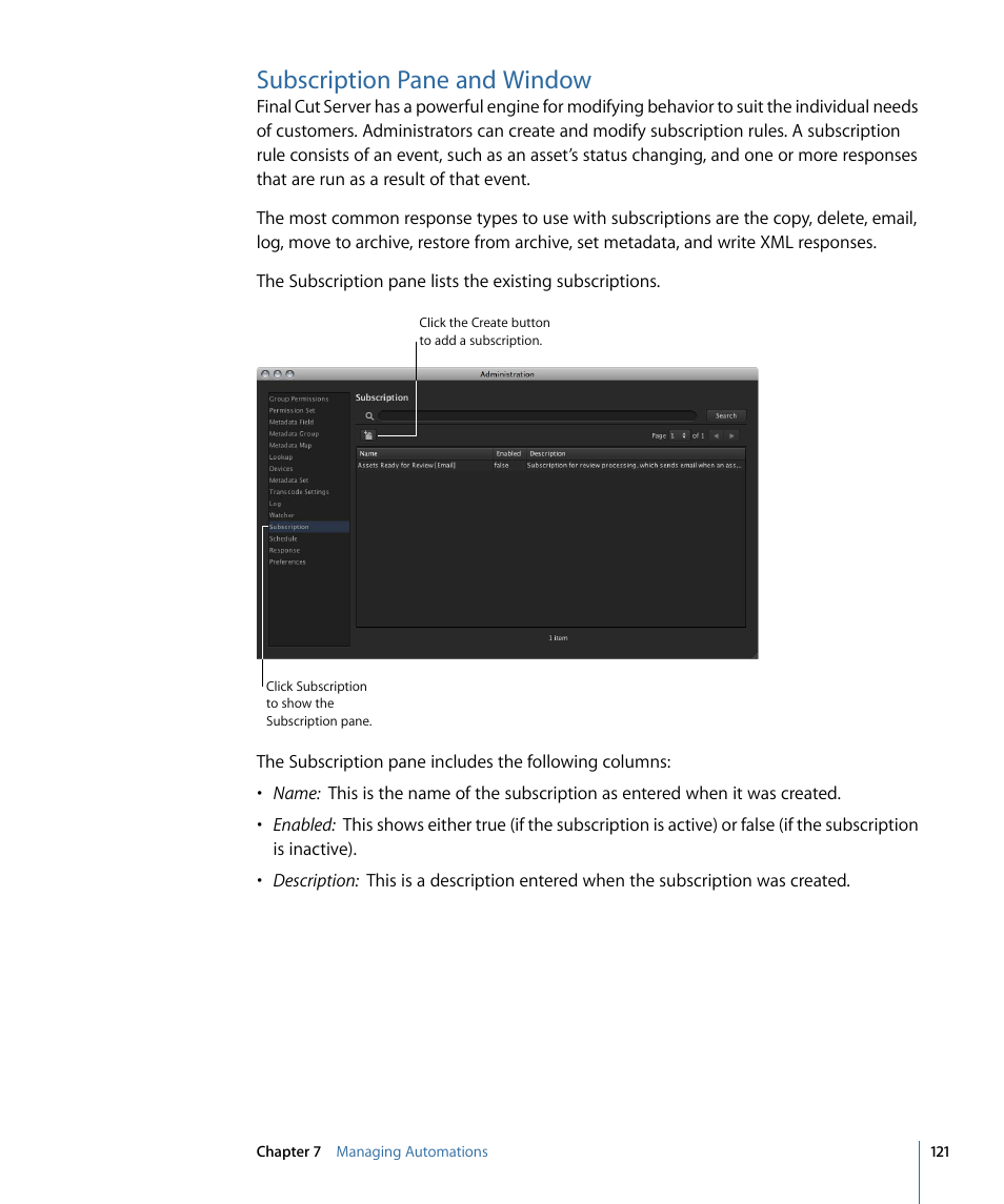 Subscription pane and window | Apple Final Cut Server 1.5 User Manual | Page 121 / 140