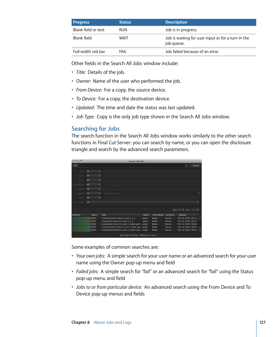 Searching for jobs | Apple Final Cut Server 1.5 User Manual | Page 127 / 140