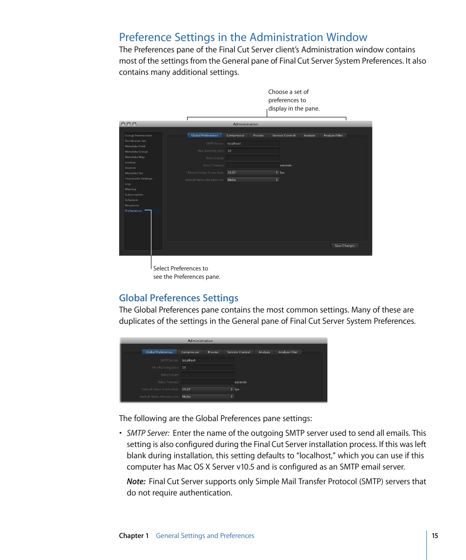 Preference settings in the administration window, Global preferences settings | Apple Final Cut Server 1.5 User Manual | Page 15 / 140