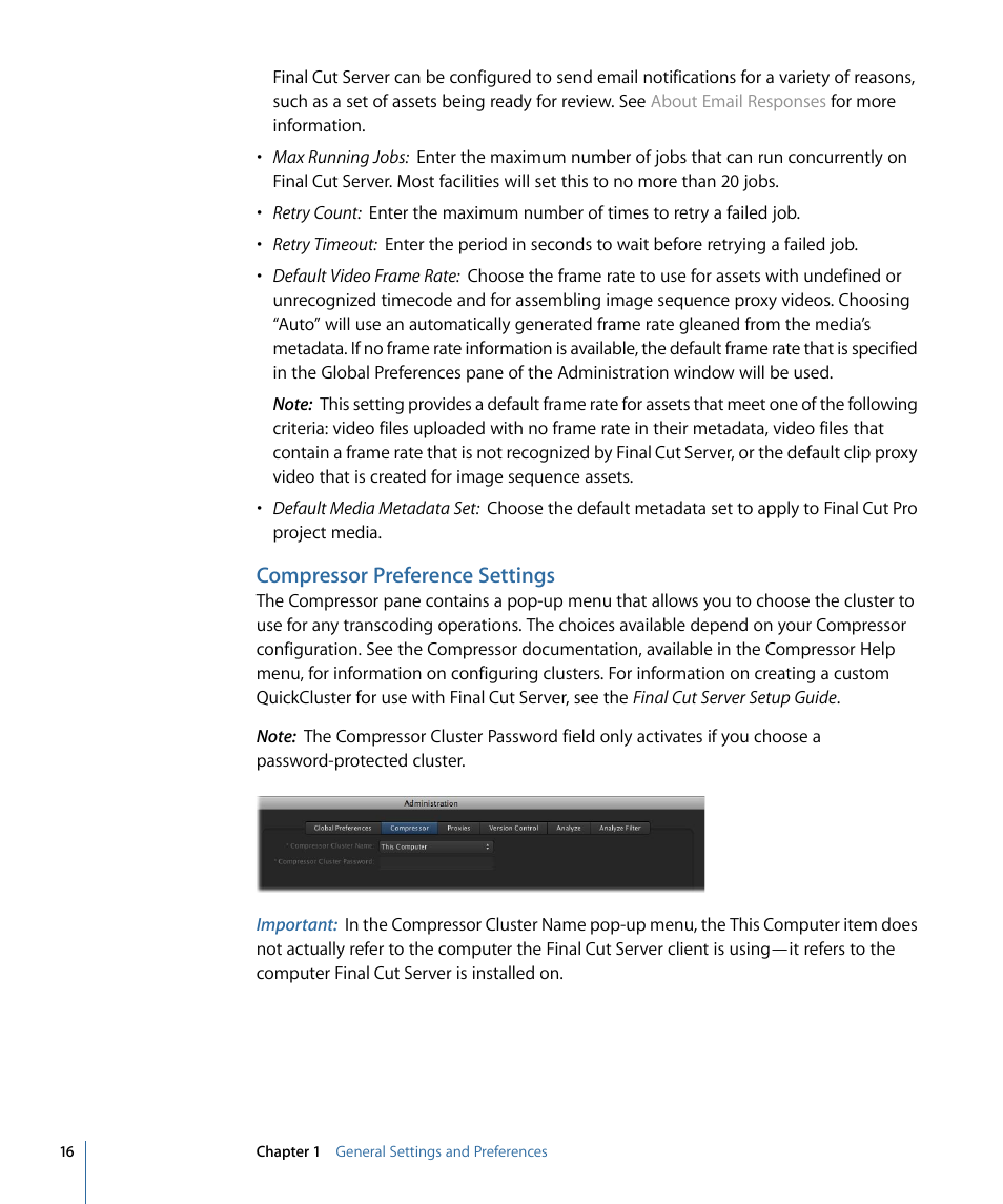 Compressor preference settings | Apple Final Cut Server 1.5 User Manual | Page 16 / 140