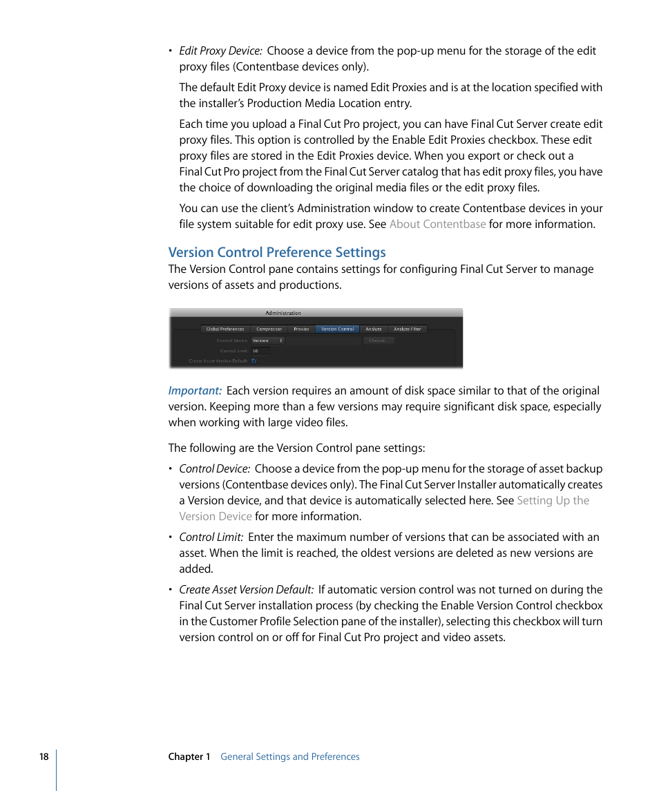 Version control preference settings | Apple Final Cut Server 1.5 User Manual | Page 18 / 140