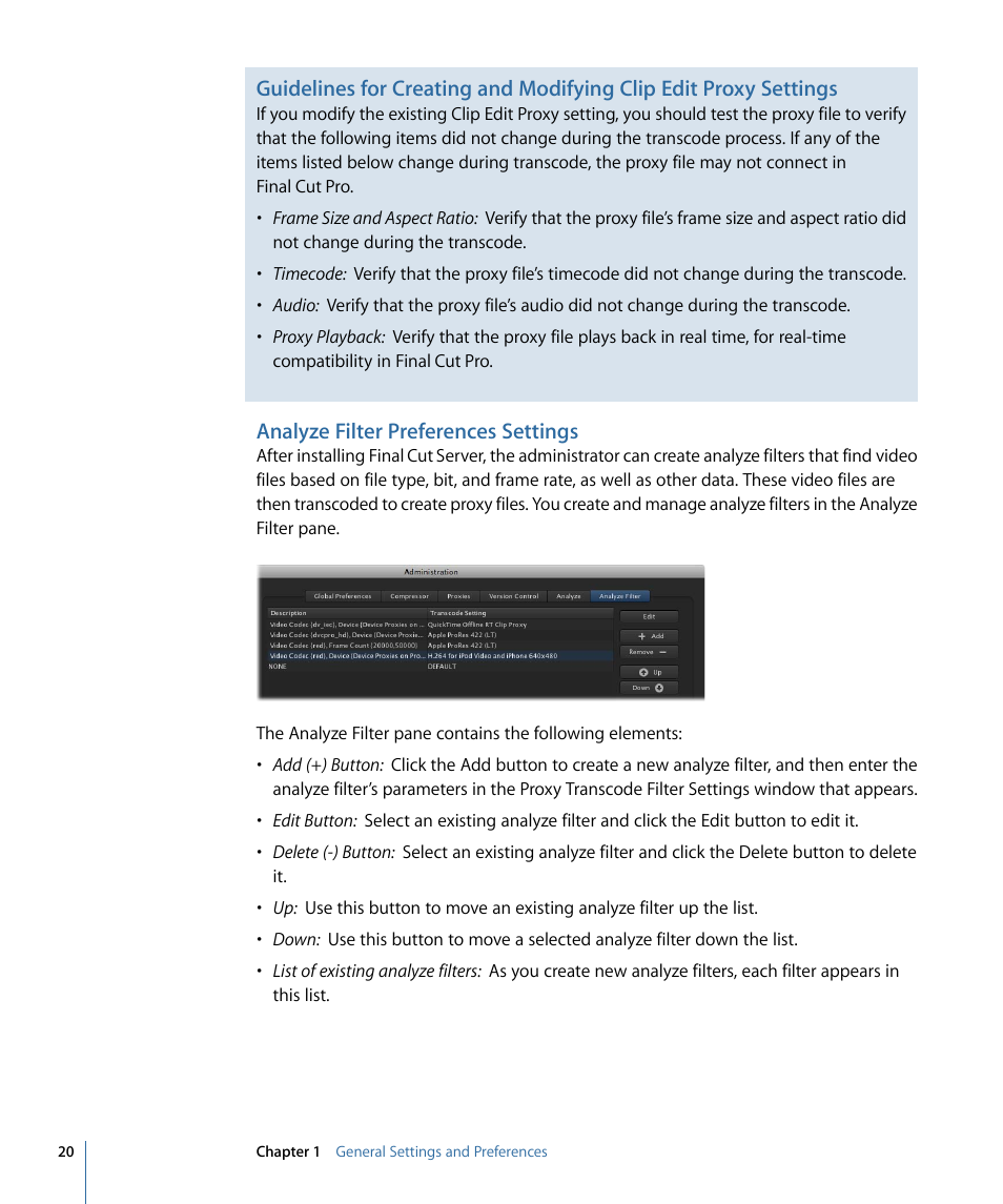 Analyze filter preferences settings | Apple Final Cut Server 1.5 User Manual | Page 20 / 140
