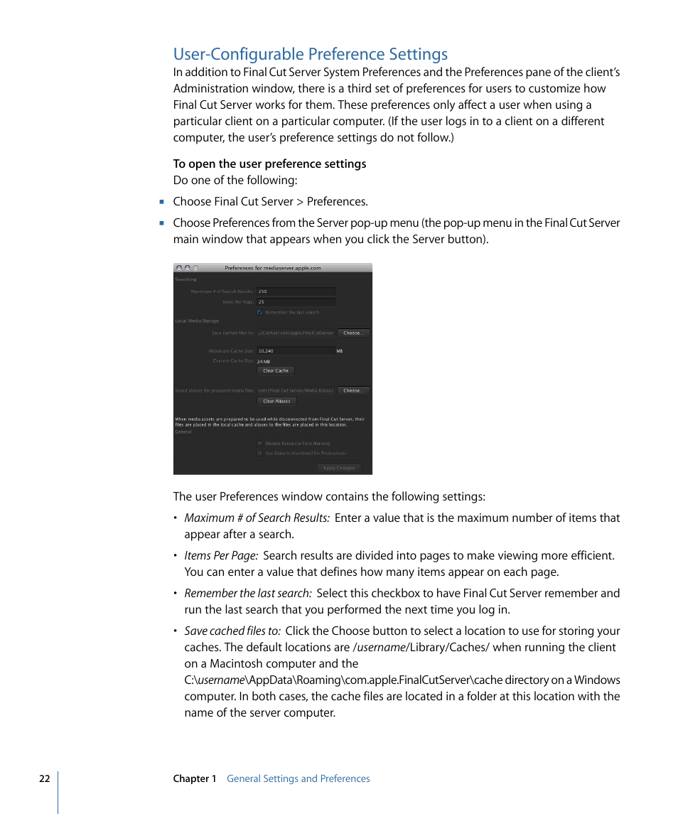 User-configurable preference settings | Apple Final Cut Server 1.5 User Manual | Page 22 / 140