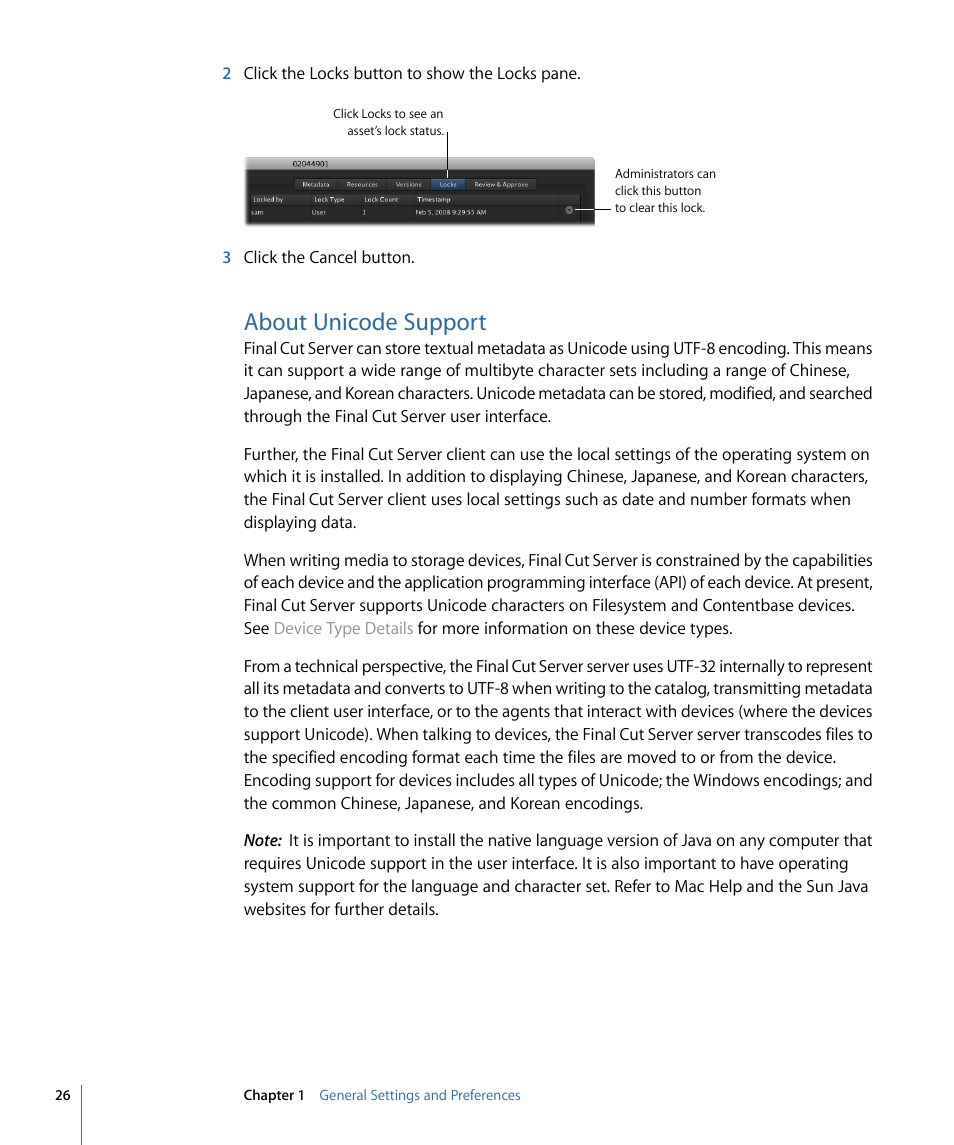 About unicode support | Apple Final Cut Server 1.5 User Manual | Page 26 / 140