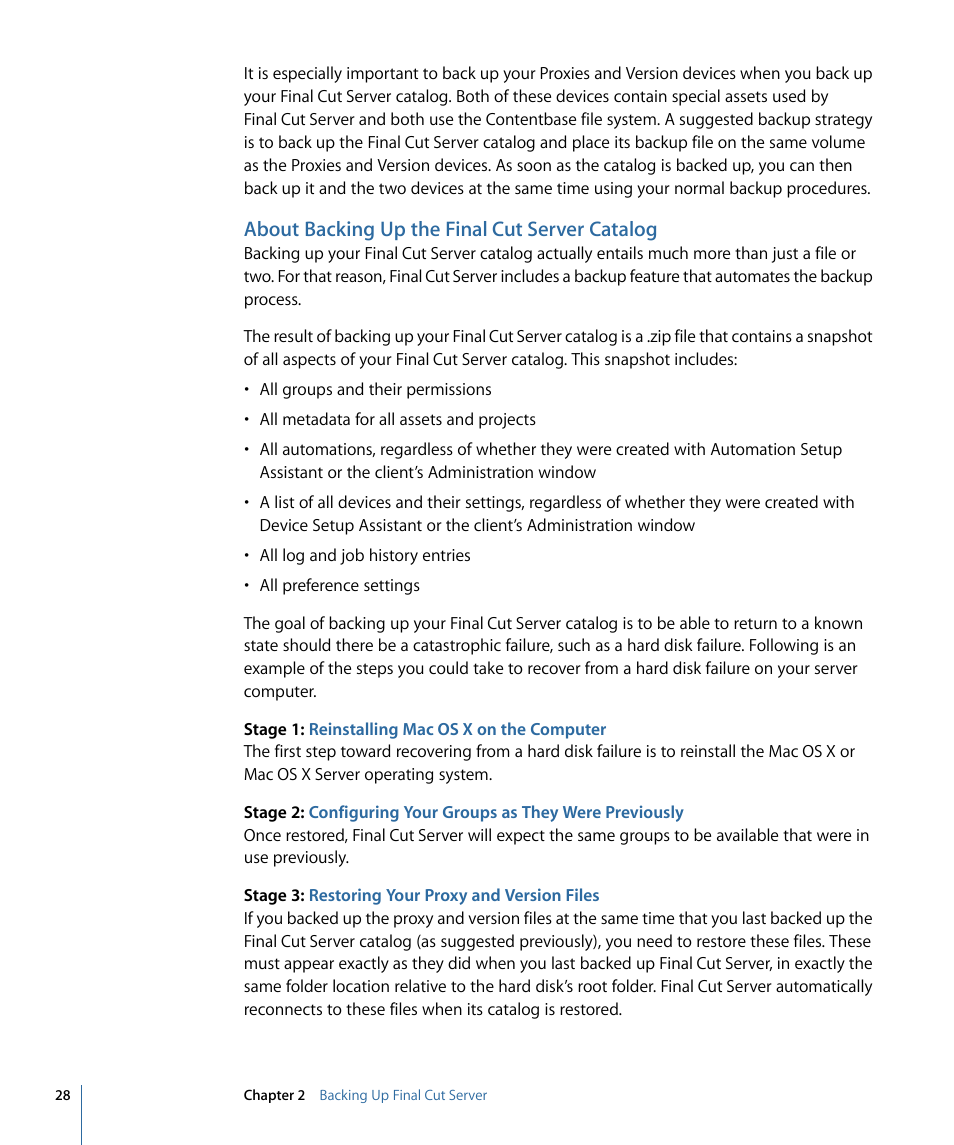About backing up the final cut server catalog | Apple Final Cut Server 1.5 User Manual | Page 28 / 140