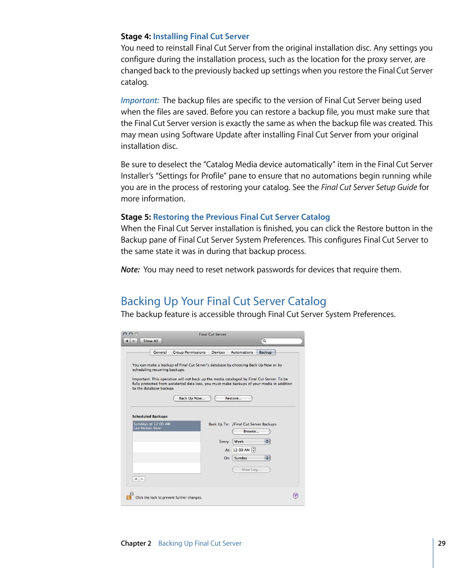 Backing up your final cut server catalog | Apple Final Cut Server 1.5 User Manual | Page 29 / 140