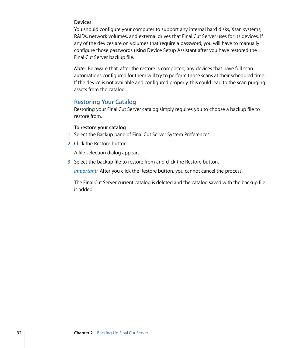 Restoring your catalog | Apple Final Cut Server 1.5 User Manual | Page 32 / 140