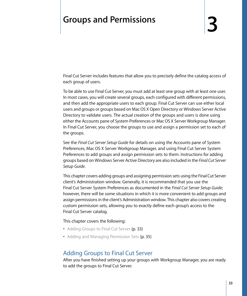 Groups and permissions, Adding groups to final cut server | Apple Final Cut Server 1.5 User Manual | Page 33 / 140