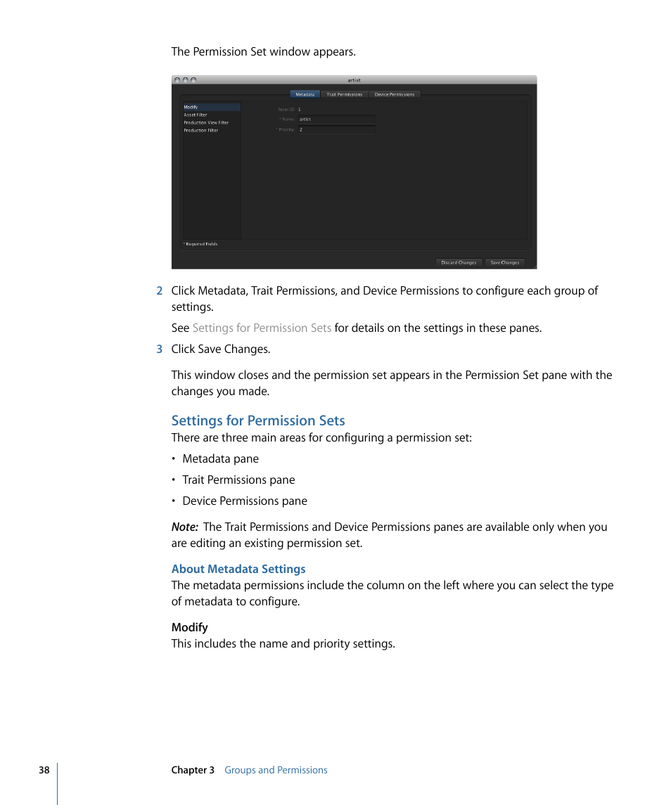 Settings for permission sets, About metadata settings | Apple Final Cut Server 1.5 User Manual | Page 38 / 140