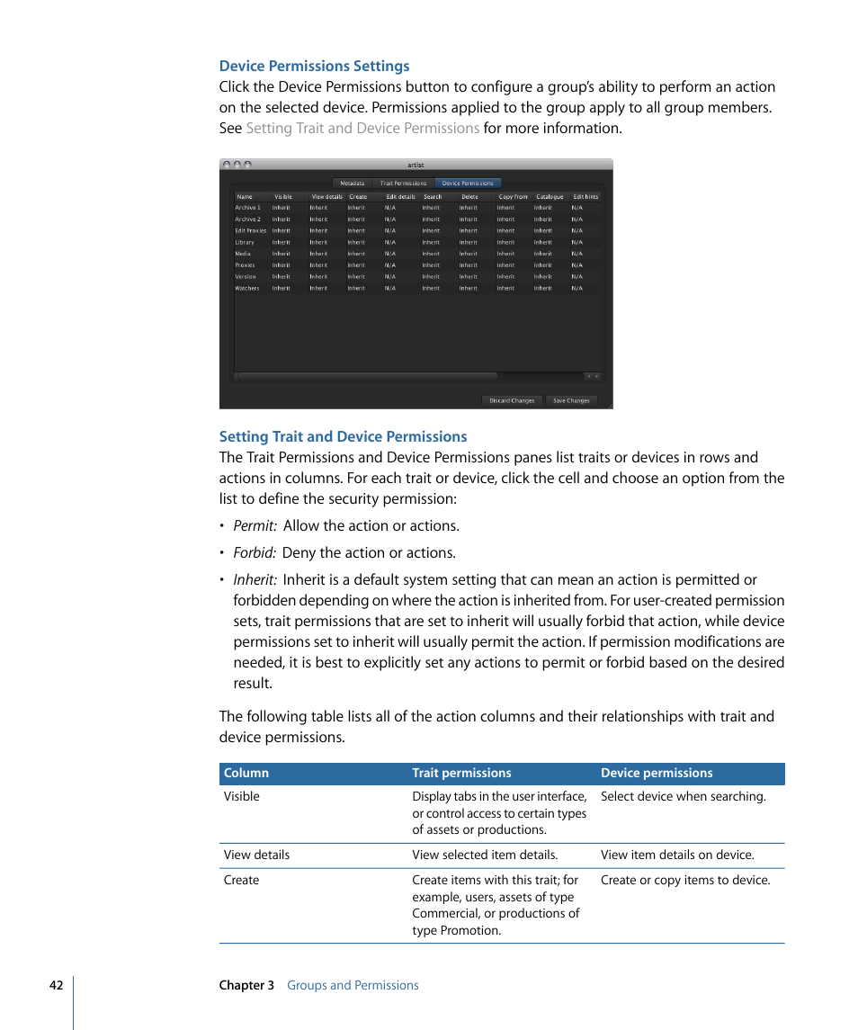 Device permissions settings, Setting trait and device permissions | Apple Final Cut Server 1.5 User Manual | Page 42 / 140