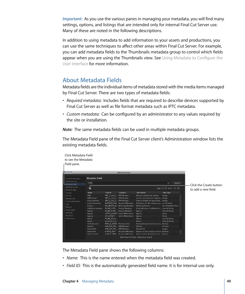 About metadata fields | Apple Final Cut Server 1.5 User Manual | Page 49 / 140