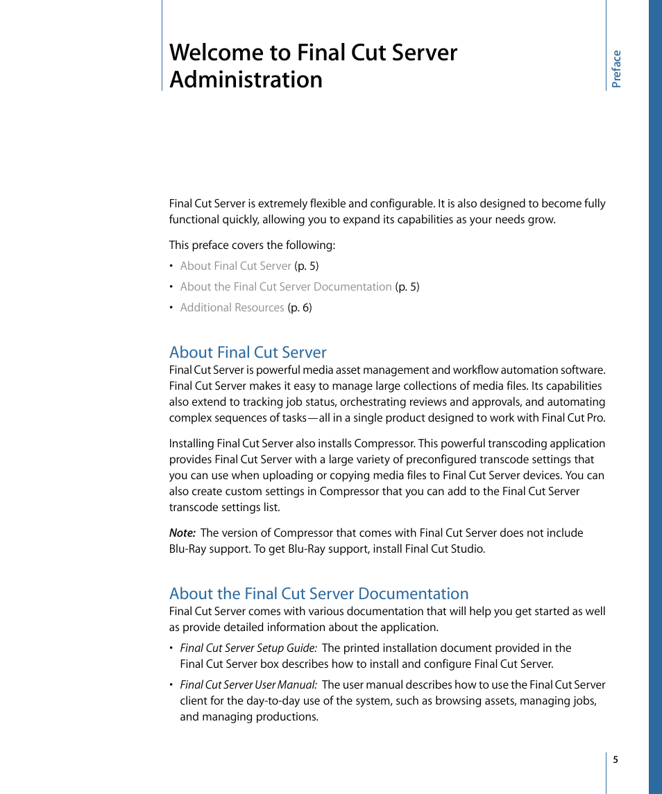Welcome to final cut server administration, About final cut server, About the final cut server documentation | Apple Final Cut Server 1.5 User Manual | Page 5 / 140