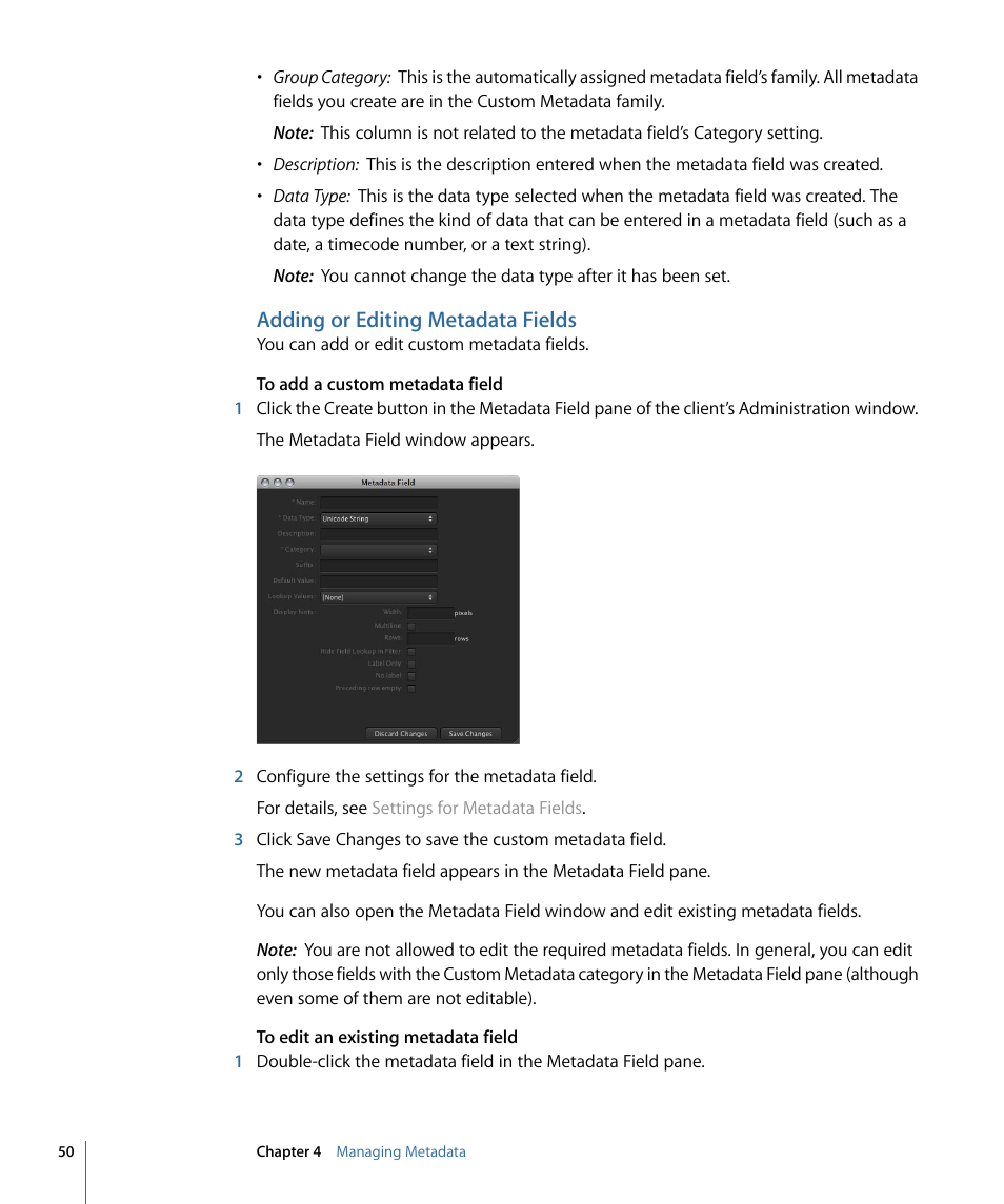 Adding or editing metadata fields | Apple Final Cut Server 1.5 User Manual | Page 50 / 140