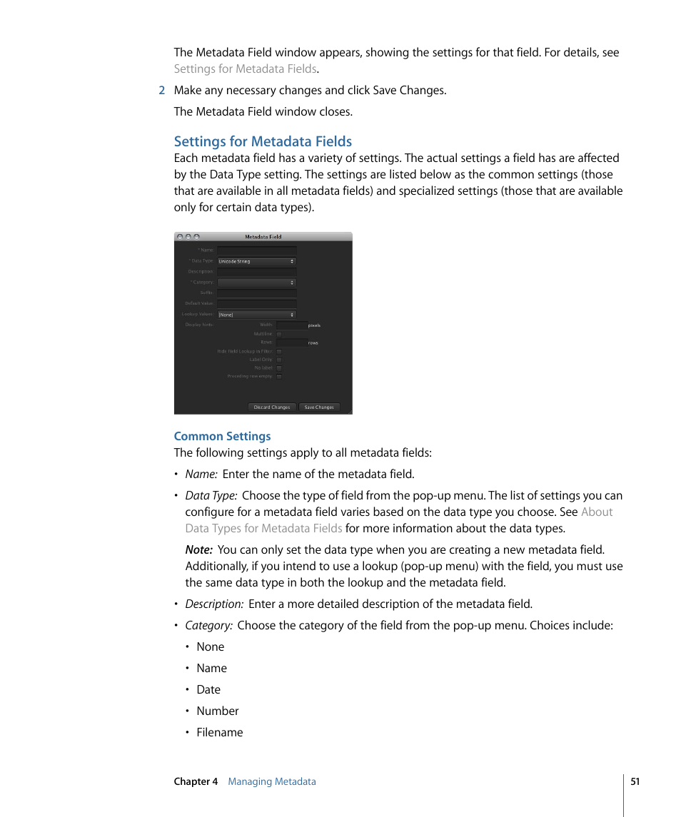 Settings for metadata fields, Common settings | Apple Final Cut Server 1.5 User Manual | Page 51 / 140