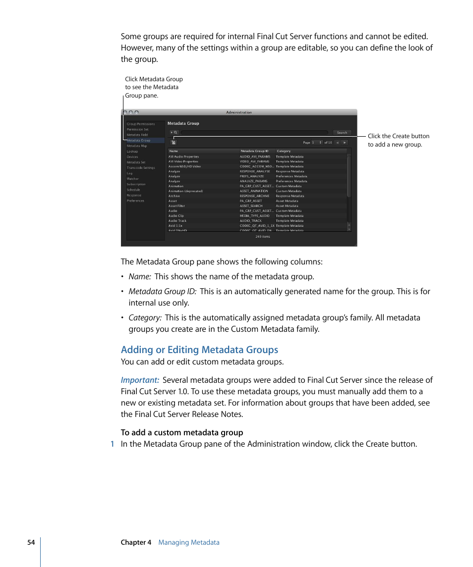 Adding or editing metadata groups | Apple Final Cut Server 1.5 User Manual | Page 54 / 140