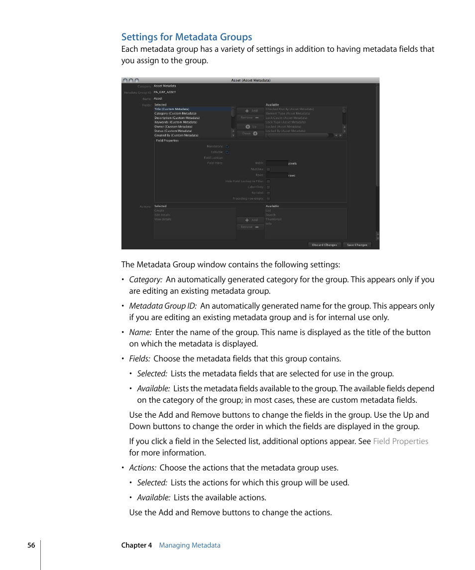 Settings for metadata groups | Apple Final Cut Server 1.5 User Manual | Page 56 / 140