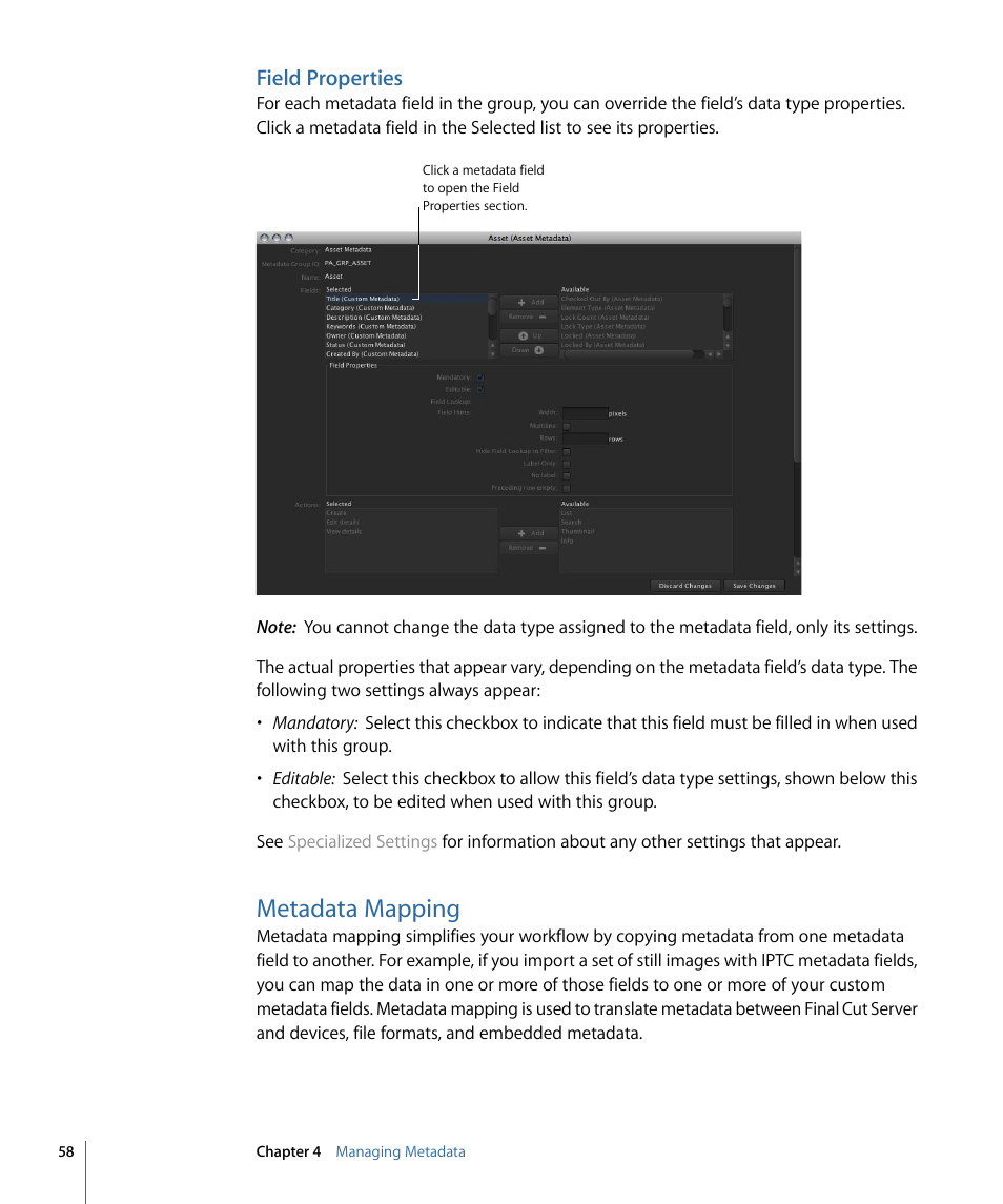 Field properties, Metadata mapping, Metadata | Mapping | Apple Final Cut Server 1.5 User Manual | Page 58 / 140