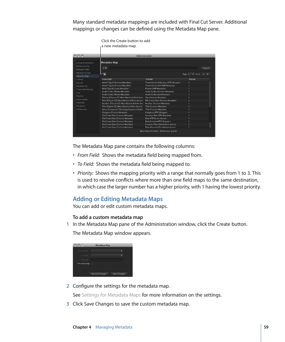 Adding or editing metadata maps | Apple Final Cut Server 1.5 User Manual | Page 59 / 140