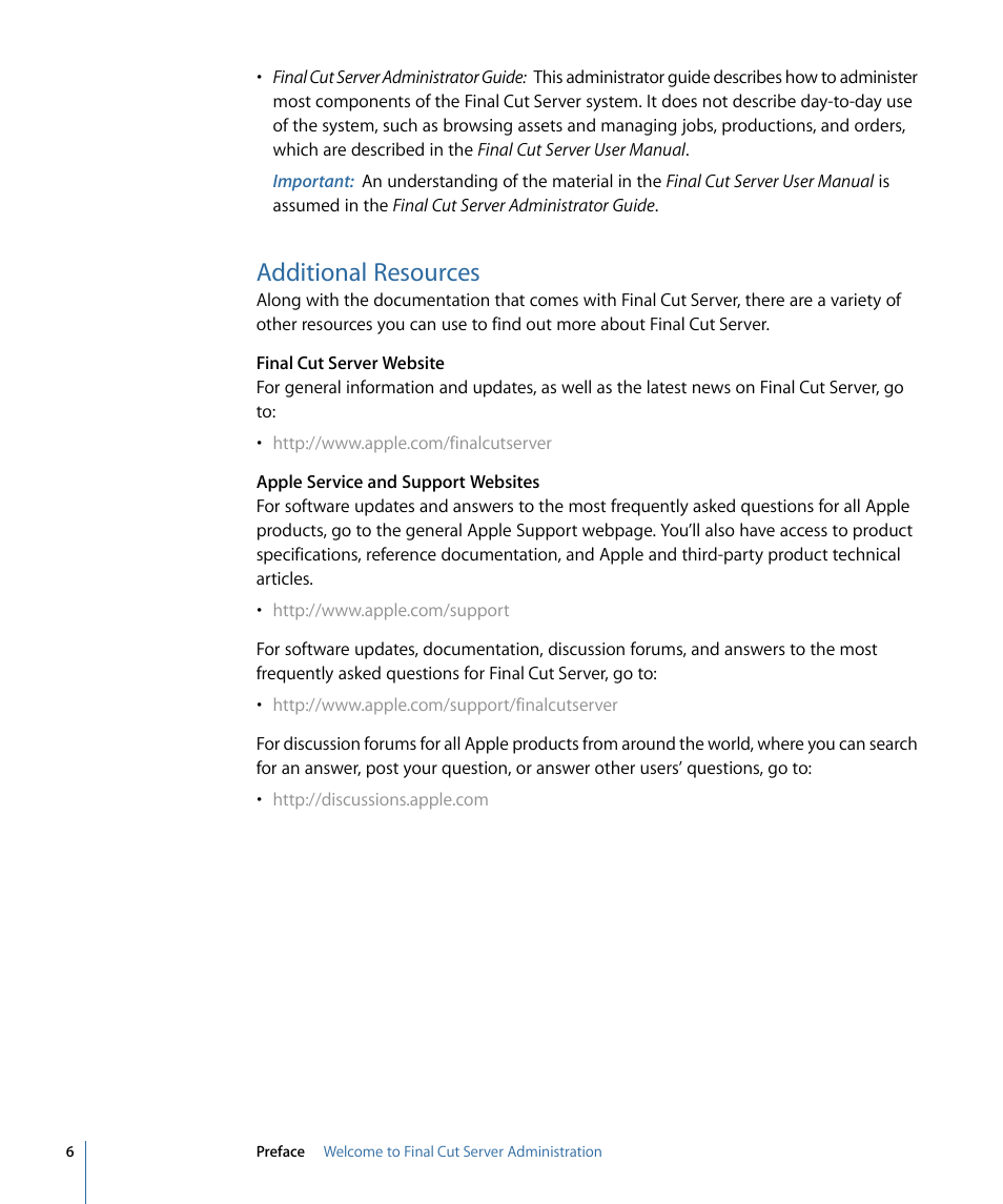 Additional resources | Apple Final Cut Server 1.5 User Manual | Page 6 / 140