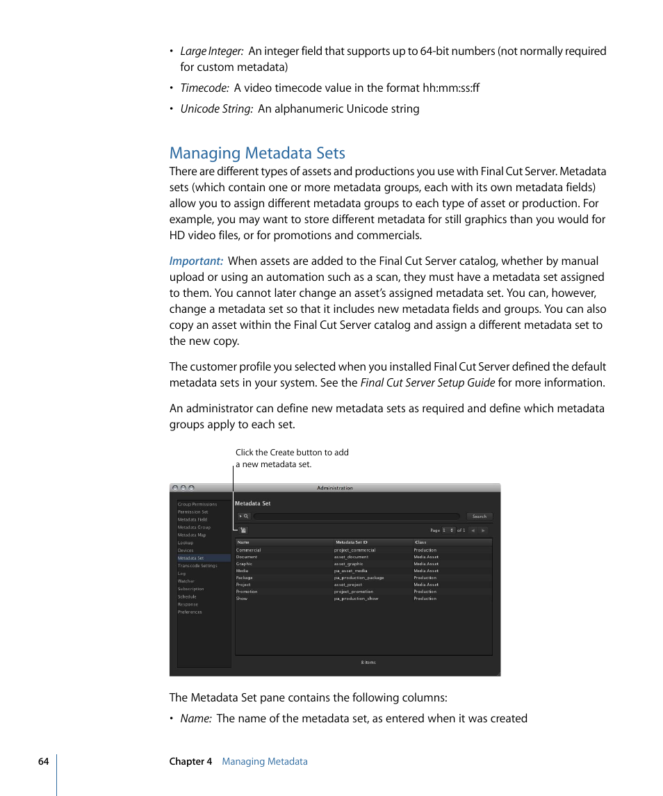 Managing metadata sets, Managing metadata, Sets | Apple Final Cut Server 1.5 User Manual | Page 64 / 140