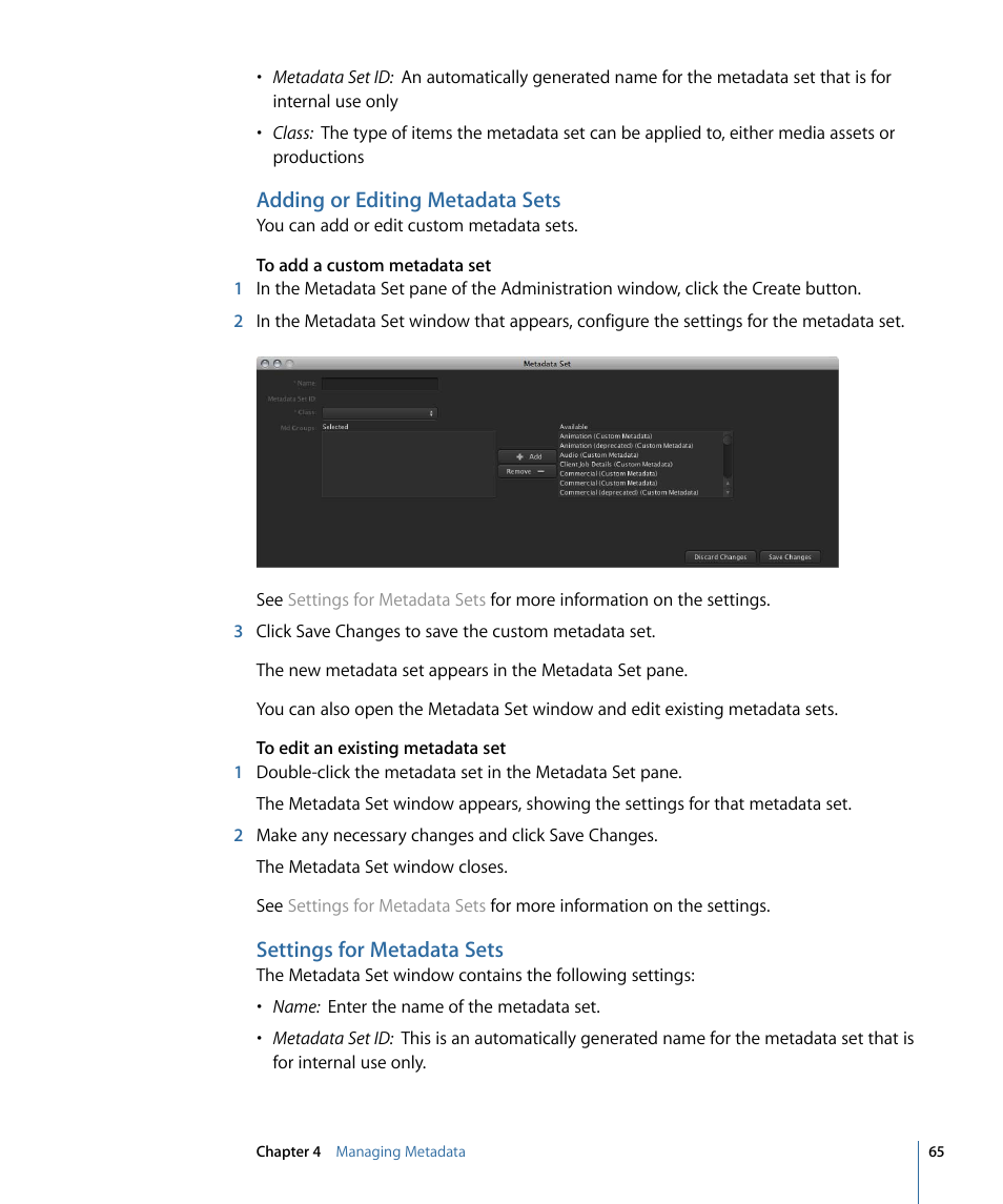 Adding or editing metadata sets, Settings for metadata sets | Apple Final Cut Server 1.5 User Manual | Page 65 / 140