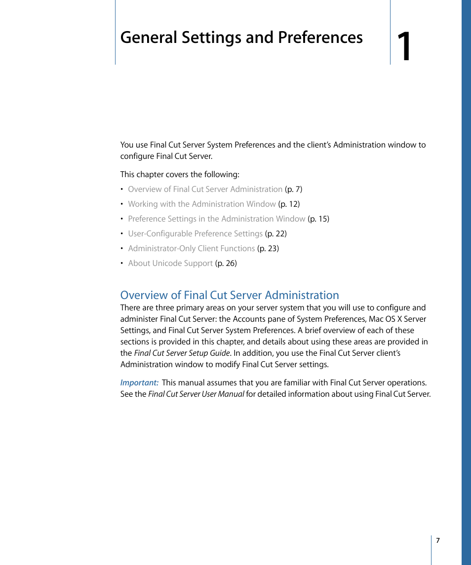 General settings and preferences, Overview of final cut server administration | Apple Final Cut Server 1.5 User Manual | Page 7 / 140